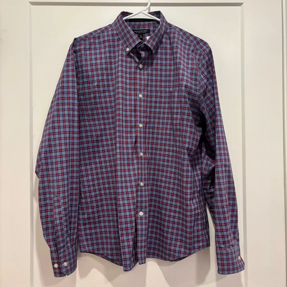 Banana Republic Men Untucked Slim Fit Tech Stretch Cotton Plaid Shirt Blue Red M